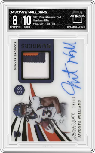 Javonte Williams from the 2021 Panini Immaculate Collection set graded by Arena Club and given an overall grade of 8.