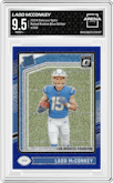 Ladd McConkey from the 2024 Donruss Optic set featuring a Blue Glitter parallel graded by Arena Club and given an overall grade of 9.5.