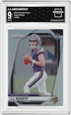 J.J. McCarthy from the 2024 Panini Prizm set featuring a Silver Prizm parallel graded by Arena Club and given an overall grade of 9.
