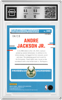 Andre Jackson Jr. from the 2023-24 Donruss Optic set featuring a Gold parallel graded by Arena Club and given an overall grade of 10.
