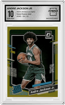Andre Jackson Jr. from the 2023-24 Donruss Optic set featuring a Gold parallel graded by Arena Club and given an overall grade of 10.
