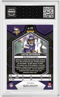 Justin Jefferson from the 2024 Panini Mosaic set featuring a Honeycomb parallel graded by Arena Club and given an overall grade of 0.