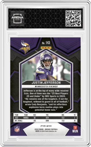 Justin Jefferson from the 2024 Panini Mosaic set featuring a Honeycomb parallel graded by Arena Club.