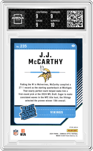 J.J. McCarthy from the 2024 Donruss Optic set featuring a Green Velocity parallel graded by Arena Club and given an overall grade of 9.5.