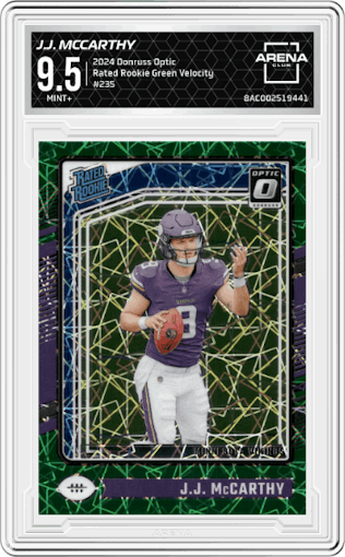 J.J. McCarthy from the 2024 Donruss Optic set featuring a Green Velocity parallel graded by Arena Club and given an overall grade of 9.5.