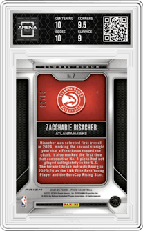 Zaccharie Risacher from the 2024-25 Panini Prizm set featuring a Green Pulsar parallel graded by Arena Club and given an overall grade of 9.5.