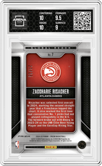 Zaccharie Risacher from the 2024-25 Panini Prizm set featuring a Green Pulsar parallel and given an overall grade of 9.5.