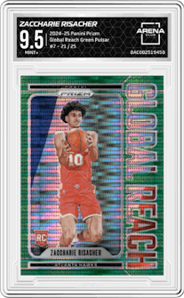 Zaccharie Risacher from the 2024-25 Panini Prizm set featuring a Green Pulsar parallel graded by Arena Club and given an overall grade of 9.5.