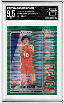 Zaccharie Risacher from the 2024-25 Panini Prizm set featuring a Green Pulsar parallel and given an overall grade of 9.5.