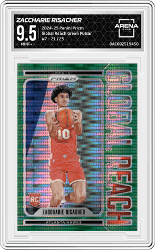 Zaccharie Risacher from the 2024-25 Panini Prizm set featuring a Green Pulsar parallel graded by Arena Club and given an overall grade of 9.5.