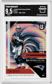 Tom Brady from the 2018 Panini Unparalleled set featuring a Whirl parallel graded by Arena Club and given an overall grade of 9.5.