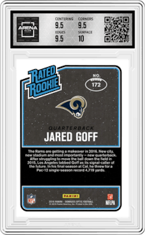 Jared Goff from the 2016 Panini Donruss Optic set featuring a Pink parallel graded by Arena Club and given an overall grade of 10.