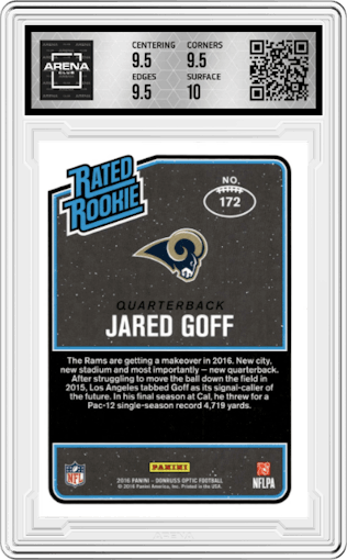Jared Goff from the 2016 Panini Donruss Optic set featuring a Pink parallel graded by Arena Club and given an overall grade of 10.