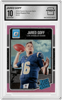 Jared Goff from the 2016 Panini Donruss Optic set featuring a Pink parallel graded by Arena Club and given an overall grade of 10.