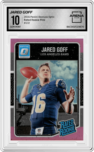 Jared Goff from the 2016 Panini Donruss Optic set featuring a Pink parallel graded by Arena Club and given an overall grade of 10.
