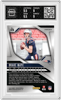 Drake Maye from the 2024 Panini Prizm set featuring a Silver Prizm parallel graded by Arena Club and given an overall grade of 9.5.