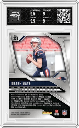 Drake Maye from the 2024 Panini Prizm set featuring a Silver Prizm parallel graded by Arena Club and given an overall grade of 9.5.