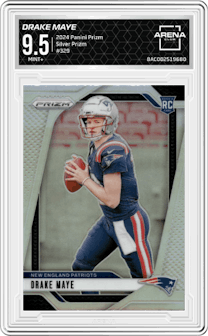 Drake Maye from the 2024 Panini Prizm set featuring a Silver Prizm parallel graded by Arena Club and given an overall grade of 9.5.