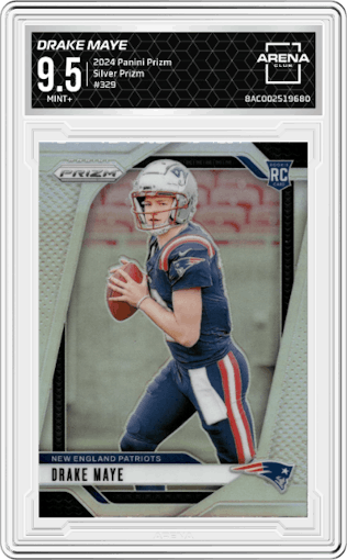 Drake Maye from the 2024 Panini Prizm set featuring a Silver Prizm parallel graded by Arena Club and given an overall grade of 9.5.
