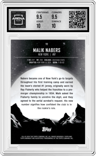 Malik Nabers from the 2024 Topps Midnight set graded by Arena Club and given an overall grade of 10.