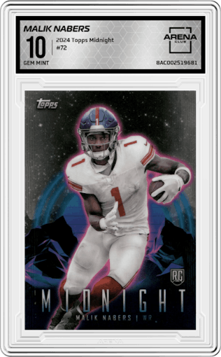 Malik Nabers from the 2024 Topps Midnight set graded by Arena Club and given an overall grade of 10.