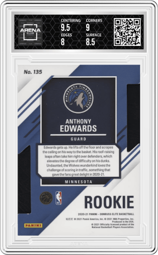 Anthony Edwards from the 2020-21 Panini Donruss Elite set featuring a Aspirations parallel graded by Arena Club and given an overall grade of 8.5.