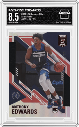 Anthony Edwards from the 2020-21 Panini Donruss Elite set featuring a Aspirations parallel graded by Arena Club and given an overall grade of 8.5.
