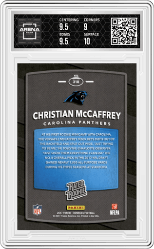 Christian McCaffrey from the 2017 Panini Donruss set graded by Arena Club and given an overall grade of 9.5.
