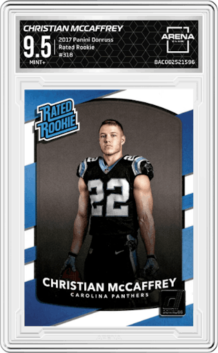 Christian McCaffrey from the 2017 Panini Donruss set graded by Arena Club and given an overall grade of 9.5.