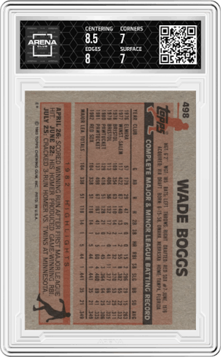 Wade Boggs from the 1983 Topps set graded by Arena Club and given an overall grade of 7.5.