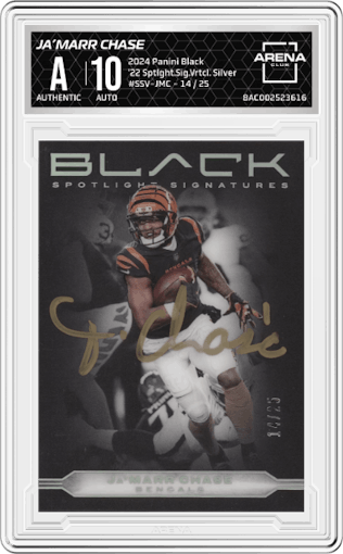 Ja’Marr Chase from the 2024 Panini Black set featuring a Silver  parallel graded by Arena Club.