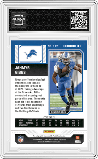 Jahmyr Gibbs from the 2023 Panini Contenders Optic set featuring a Teal  parallel graded by Arena Club.