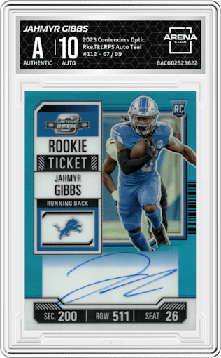 Jahmyr Gibbs from the 2023 Panini Contenders Optic set featuring a Teal  parallel graded by Arena Club.