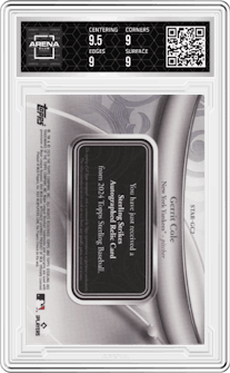 Gerrit Cole from the 2024 Topps Sterling set featuring a Blue parallel graded by Arena Club and given an overall grade of 9.