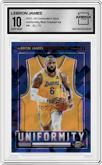 LeBron James from the 2021-22 Panini Contenders Optic set featuring a Blue Cracked Ice parallel graded by Arena Club and given an overall grade of 10.