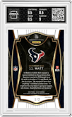 J.J. Watt from the 2020 Panini Select set featuring a Green/Black Snakeskin parallel graded by Arena Club and given an overall grade of 9.