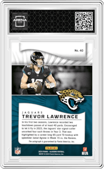 Trevor Lawrence from the 2024 Panini Illusions set featuring a Purple parallel graded by Arena Club and given an overall grade of 0.