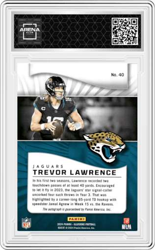 Trevor Lawrence from the 2024 Panini Illusions set featuring a Purple parallel graded by Arena Club.