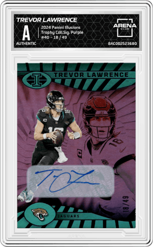 Trevor Lawrence from the 2024 Panini Illusions set featuring a Purple parallel graded by Arena Club.