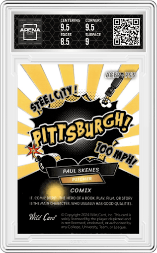 Paul Skenes from the 2024 Wild Card Alumination Limited Edition Paul Skenes Comix set featuring a Yellow/Yellow Donut Circles parallel graded by Arena Club and given an overall grade of 9.