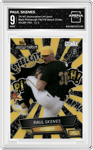 Paul Skenes from the 2024 Wild Card Alumination Limited Edition Paul Skenes Comix set featuring a Yellow/Yellow Donut Circles parallel graded by Arena Club and given an overall grade of 9.