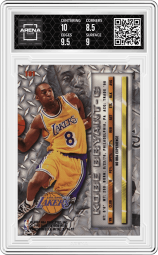 Kobe Bryant from the 1996-97 Fleer Metal  set graded by Arena Club and given an overall grade of 9.