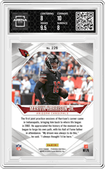 Marvin Harrison Jr. from the 2024 Panini Phoenix set featuring a Lazer parallel graded by Arena Club and given an overall grade of 8.5.