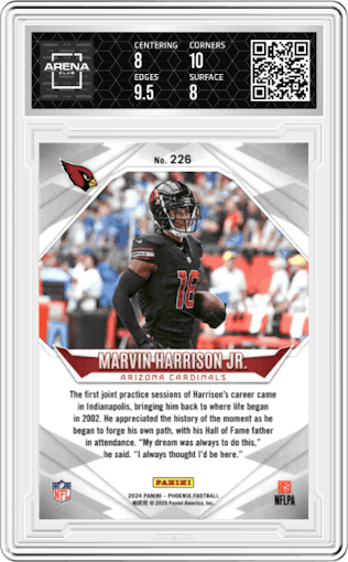 Marvin Harrison Jr. from the 2024 Panini Phoenix set featuring a Lazer parallel graded by Arena Club and given an overall grade of 8.5.