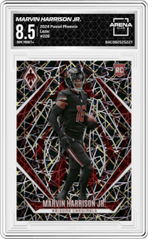 Marvin Harrison Jr. from the 2024 Panini Phoenix set featuring a Lazer parallel graded by Arena Club and given an overall grade of 8.5.