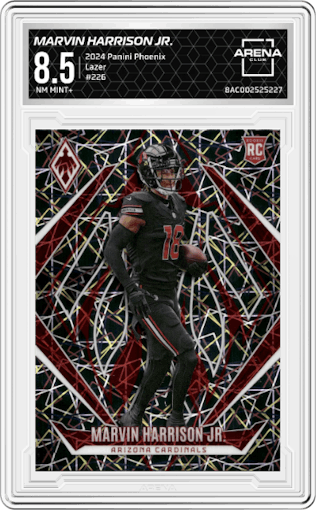 Marvin Harrison Jr. from the 2024 Panini Phoenix set featuring a Lazer parallel graded by Arena Club and given an overall grade of 8.5.