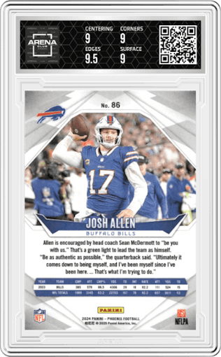 Josh Allen  from the 2024 Panini Phoenix set featuring a Hyper parallel graded by Arena Club and given an overall grade of 9.