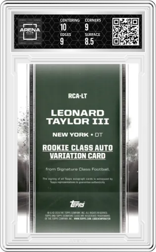 Leonard Taylor III from the 2024 Topps Signature Class set featuring a Purple parallel graded by Arena Club and given an overall grade of 9.