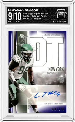 Leonard Taylor III from the 2024 Topps Signature Class set featuring a Purple parallel graded by Arena Club and given an overall grade of 9.