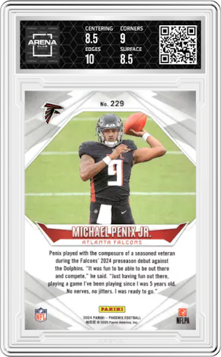 Michael Penix Jr. from the 2024 Panini Phoenix set graded by Arena Club and given an overall grade of 9.